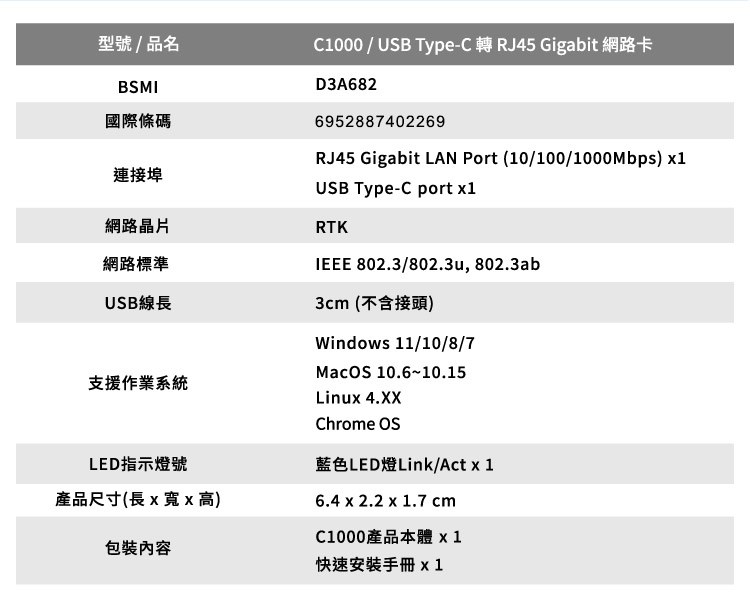 totolink C1000 USB Type-C 轉RJ45 Gigabit 網路卡
